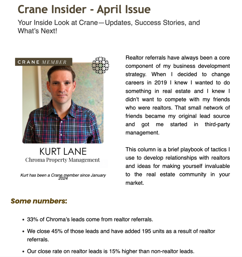 A recent issue of the Crane Insider newsletter